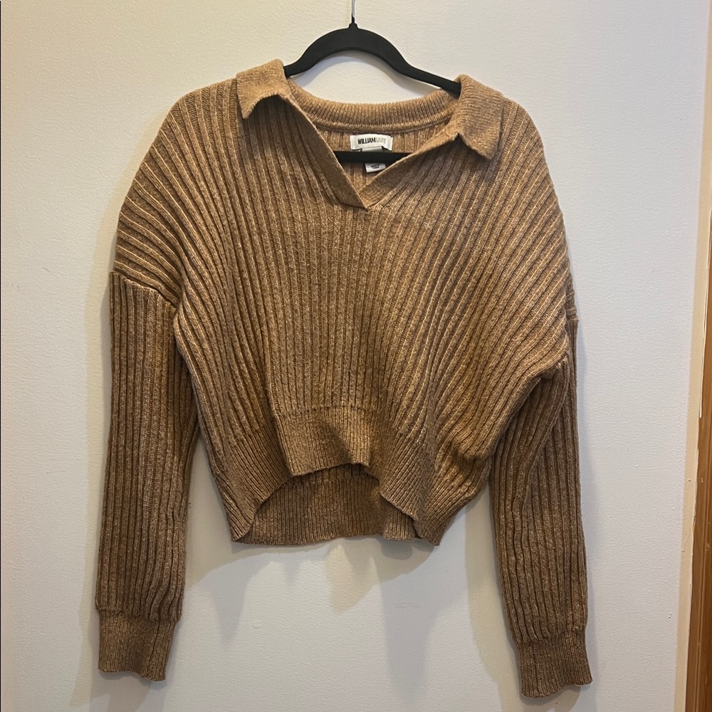 V-Neck Cropped Ribbed Sweater - Tan